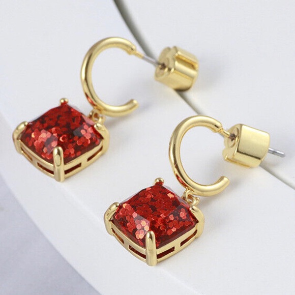 KATE SPADE NEW YORK Square Glitter Stone Charm Huggie Hoop Earrings - Picture 8 of 8